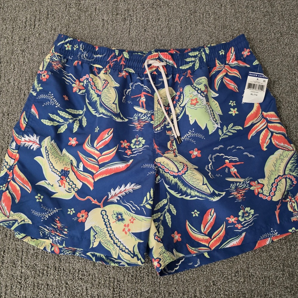 Polo Ralph Lauren Men's XL Swim Trunks Hawaiian Hula Surfer Tropical NWT Blue